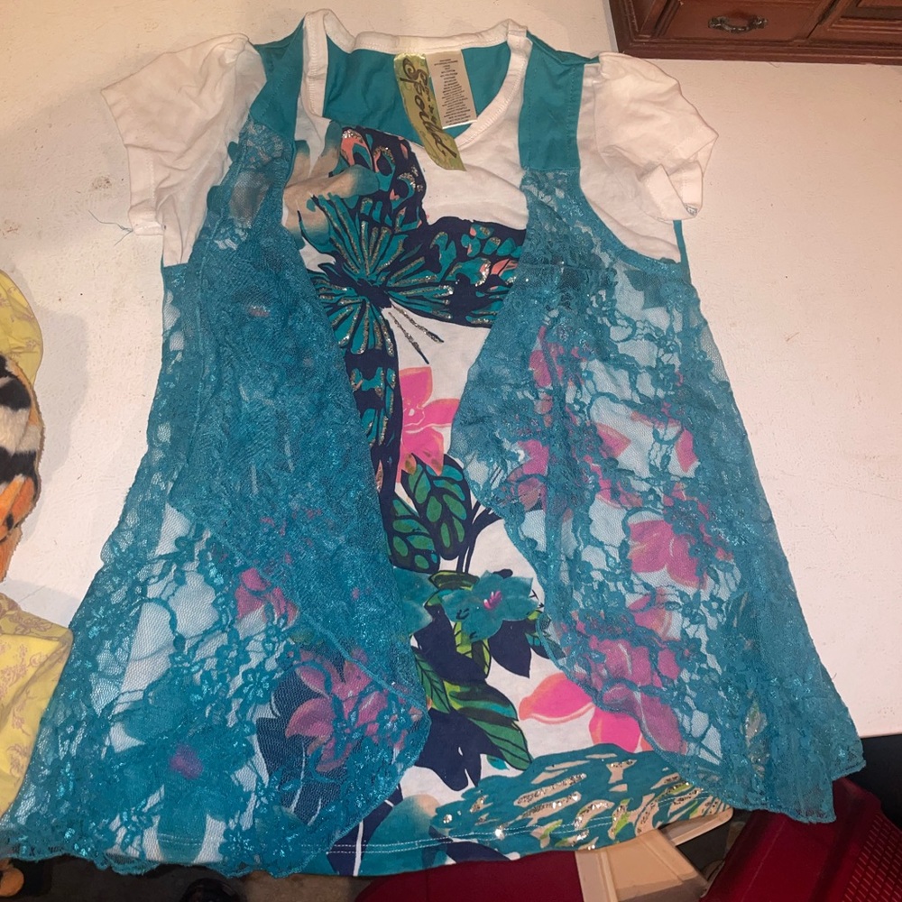 Girls kids large floral butterfly shirt with lace vest attached